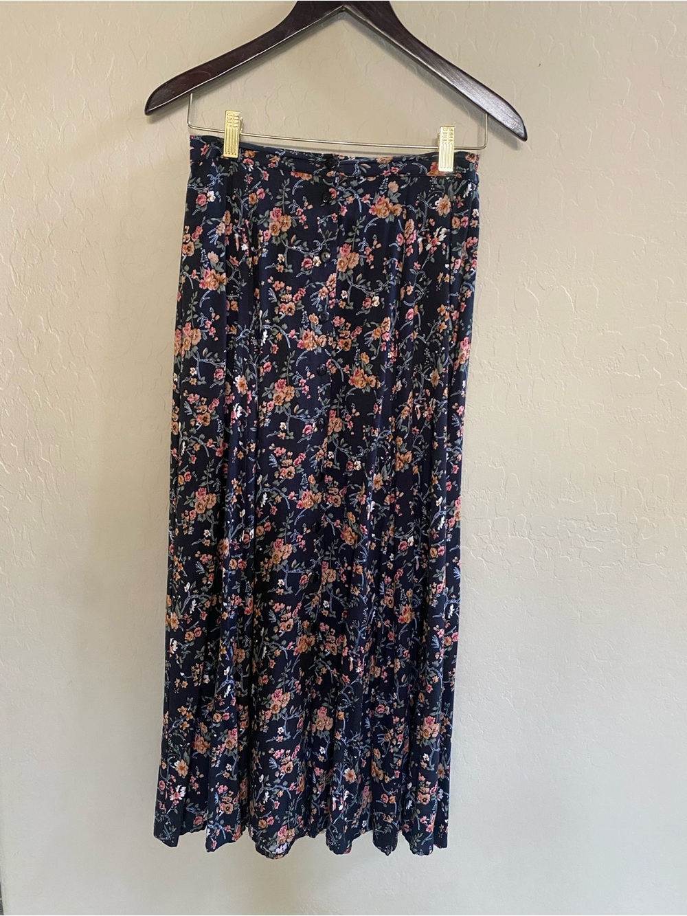 At Last Black background  Floral Maxi Skirt with Pink and Tan Blooms